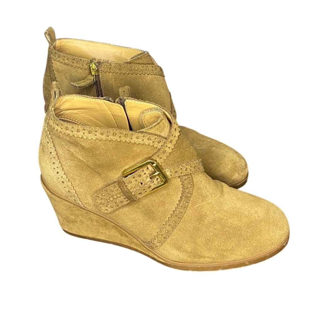 Franco Sarto Arielle Tan Suede Wedge Ankle Boots Buckle Detail Side Zip Size 8